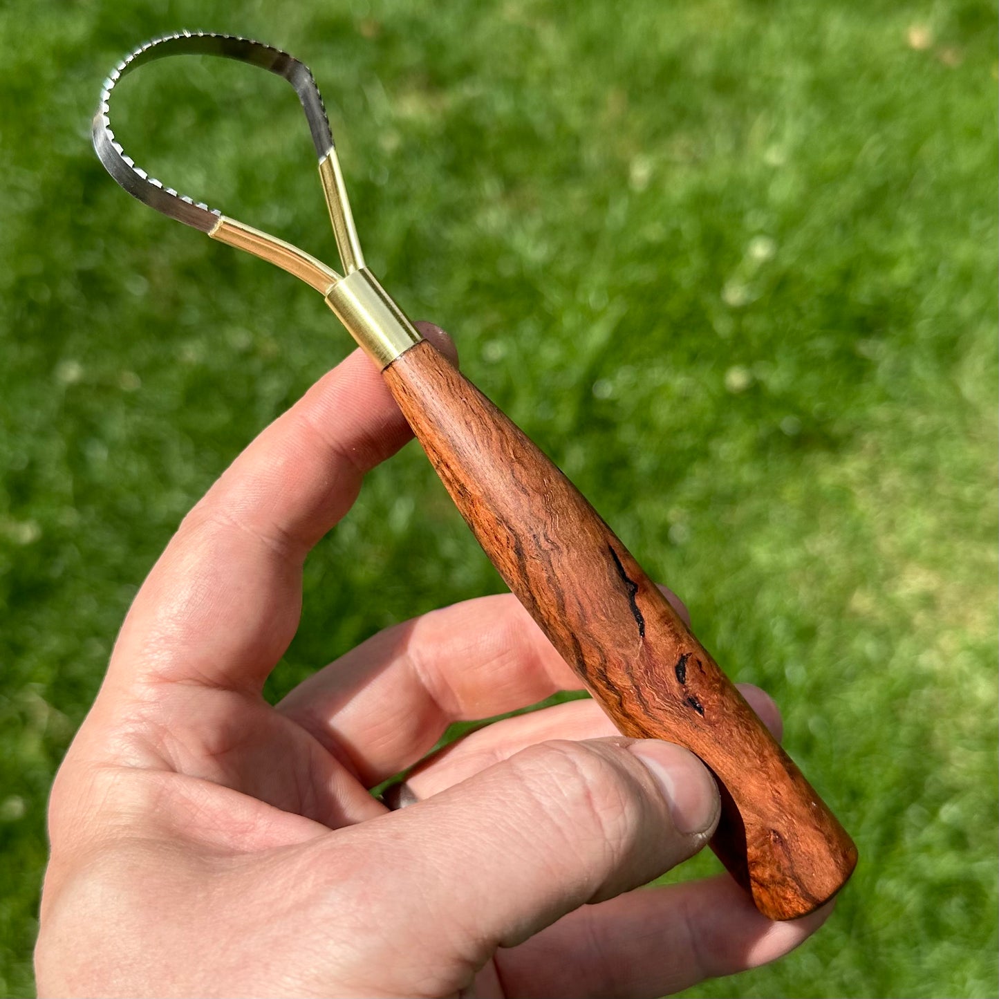 Red Oak Burl Asymmetrical Arc Loop Sawblade Rake