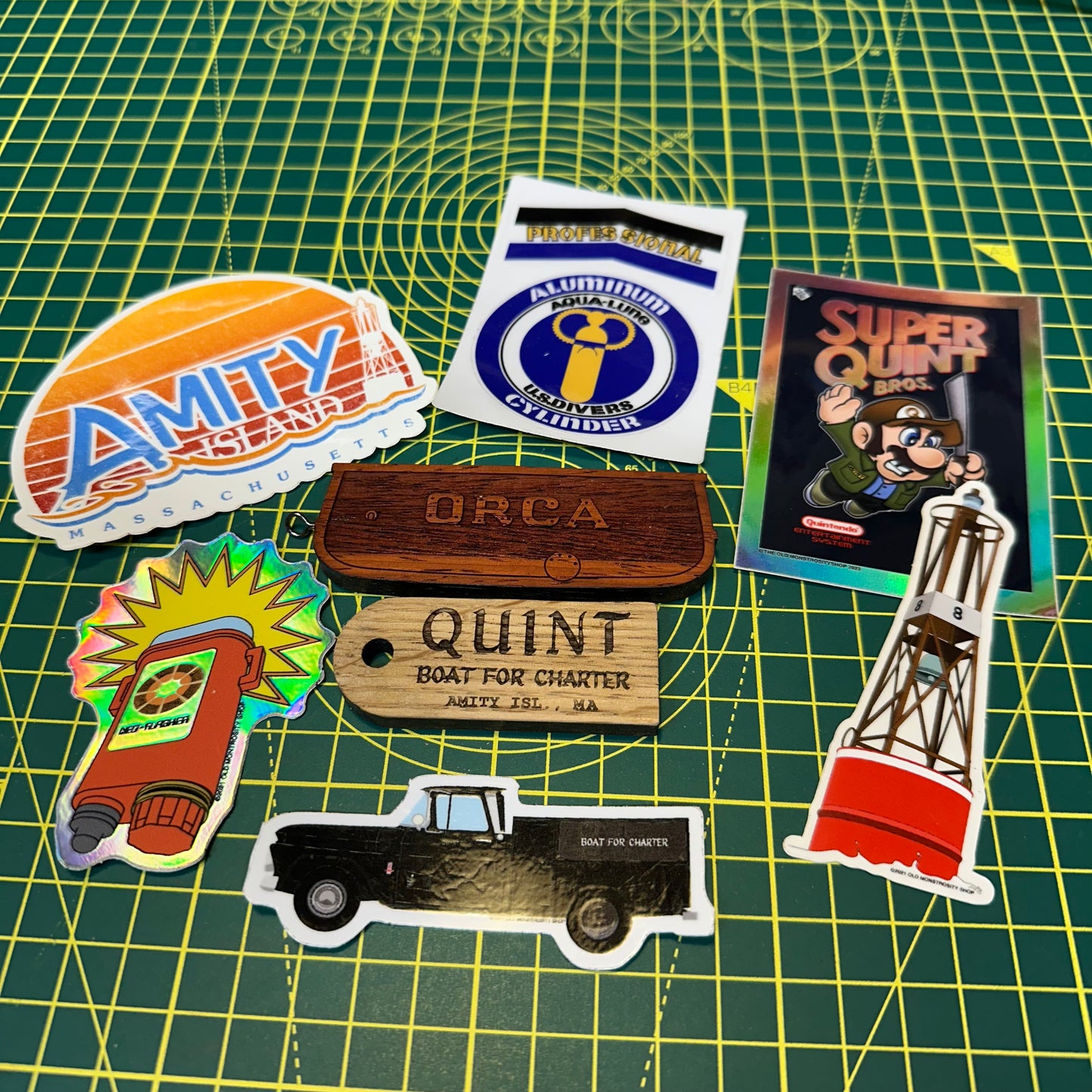 Wooden ORCA & Quint Transom Keyrings Keychain Set
