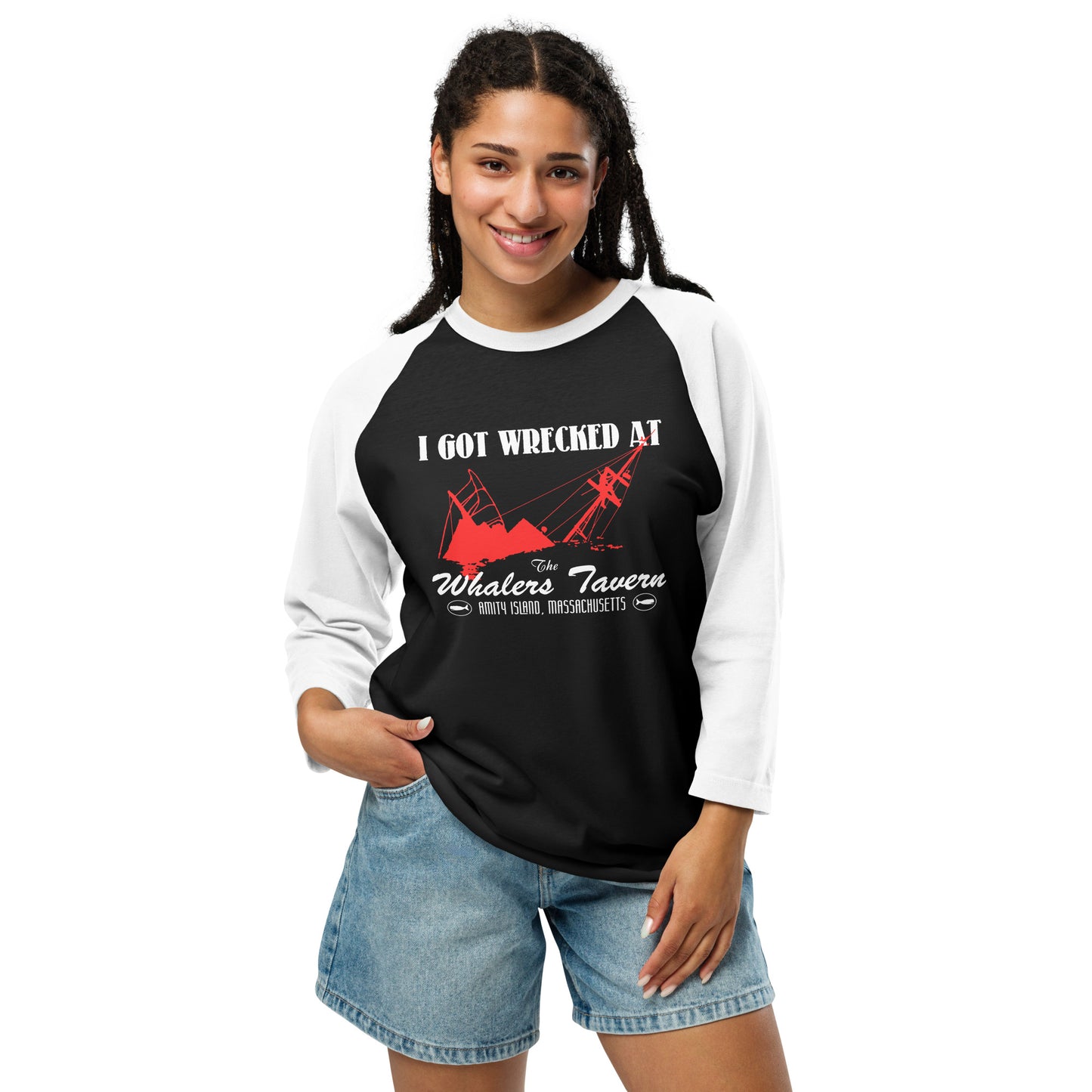 I GOT WRECKED AT The Whalers Tavern JAWS3/4 sleeve raglan shirt