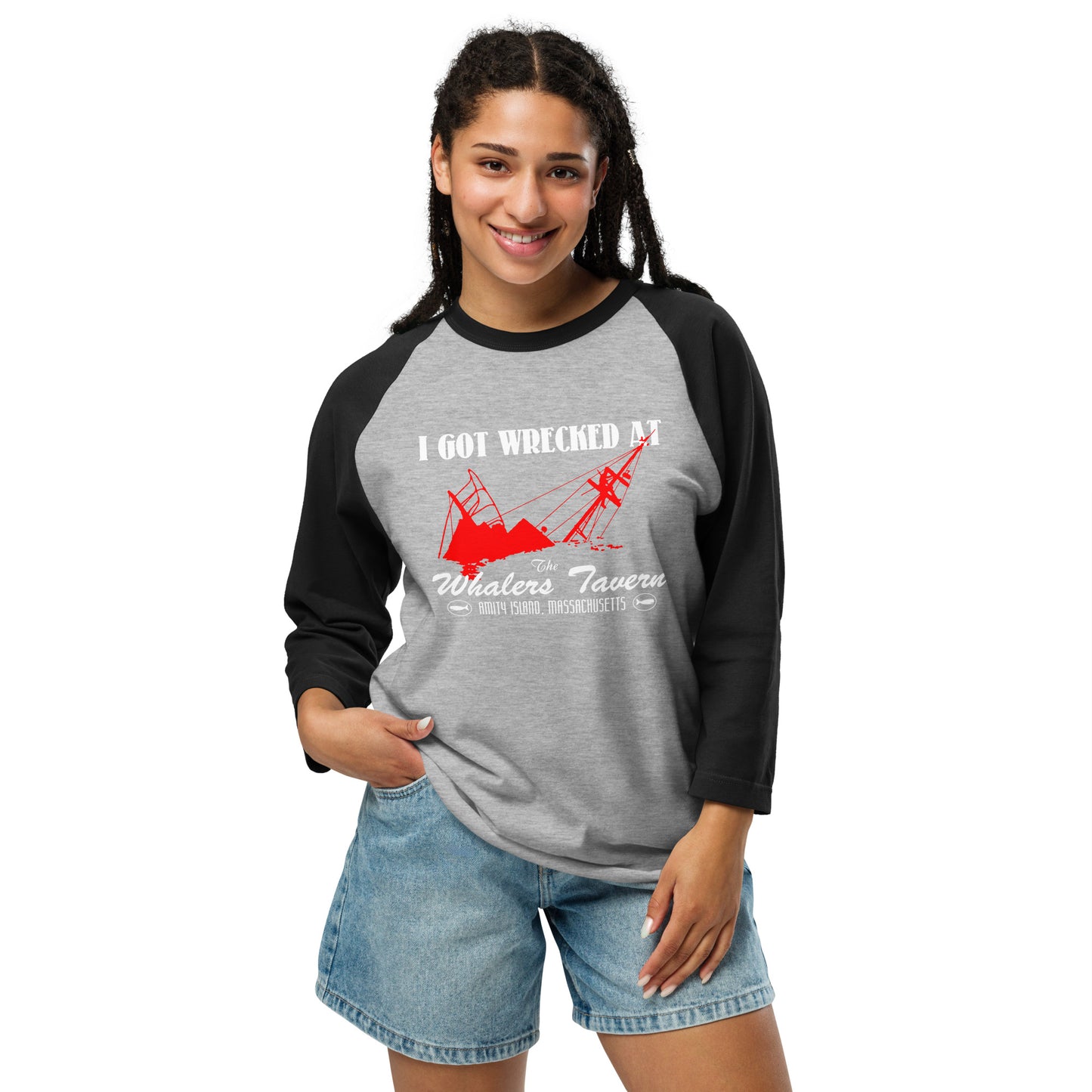 I GOT WRECKED AT The Whalers Tavern JAWS3/4 sleeve raglan shirt