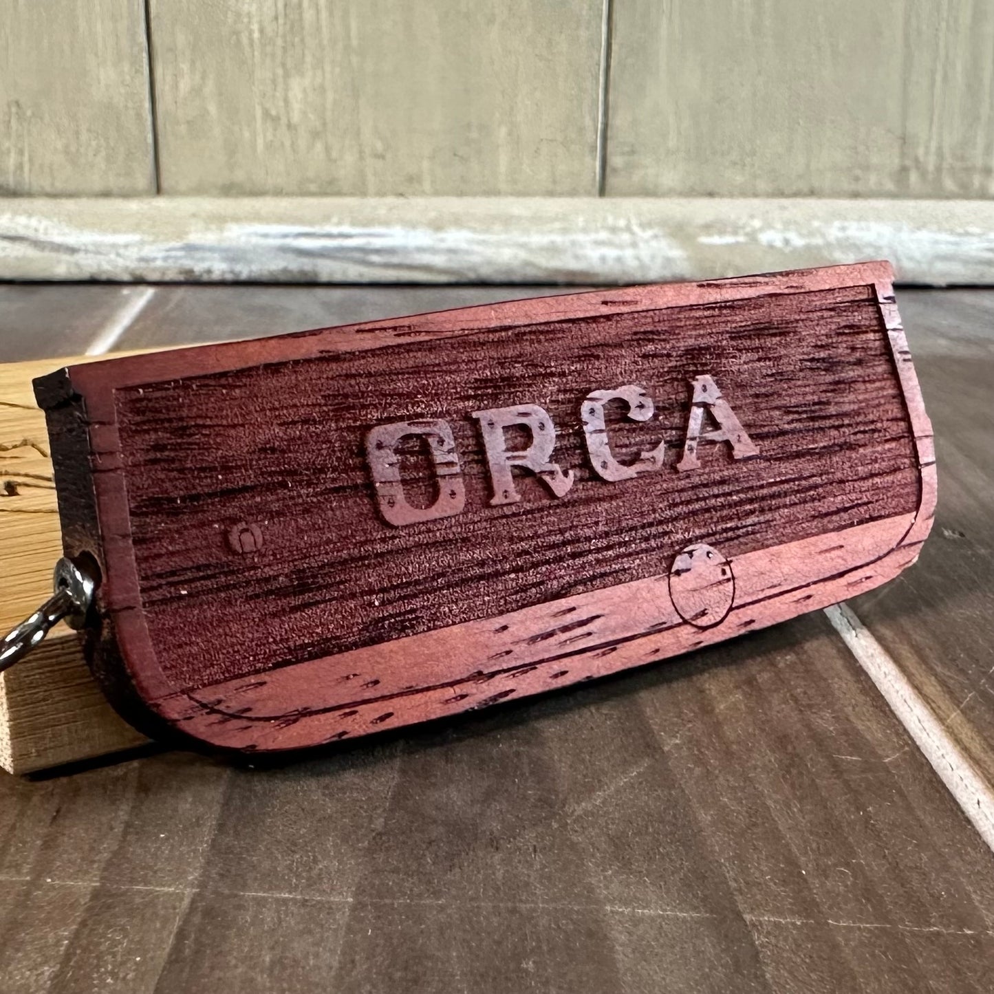 Wooden ORCA Transom Keyring Keychain