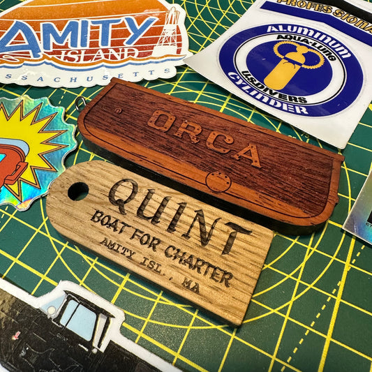 Wooden ORCA & Quint Transom Keyrings Keychain Set